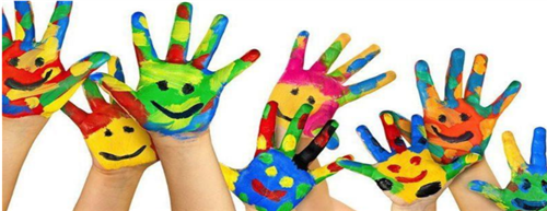 a picture of children's hands painted to look like happy faces